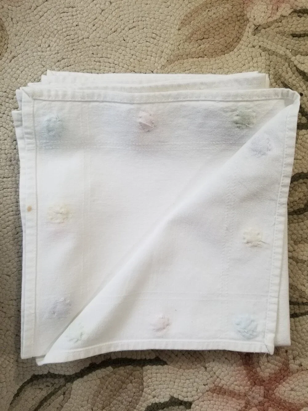 6 Dinner Napkins Large White Cotton w/ Colorful Handsewn Puffy Polka Dots